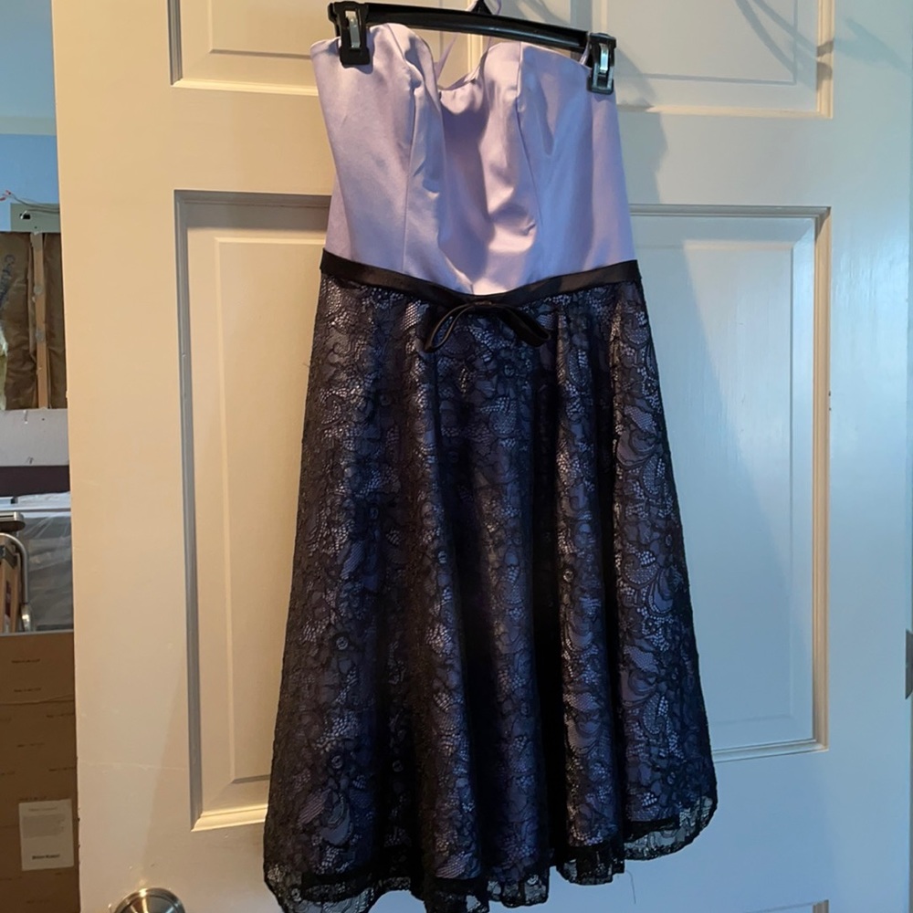Allure Bridals knee length cocktail dress, size 12, NWOT, lilac top, black lace